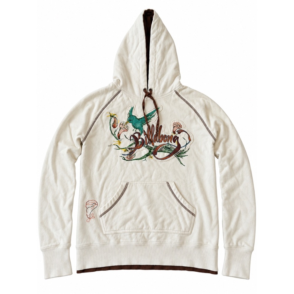 Billabong Womens Y2K Hummingbird Graphic Hoodie White Brown Satin Lined Large